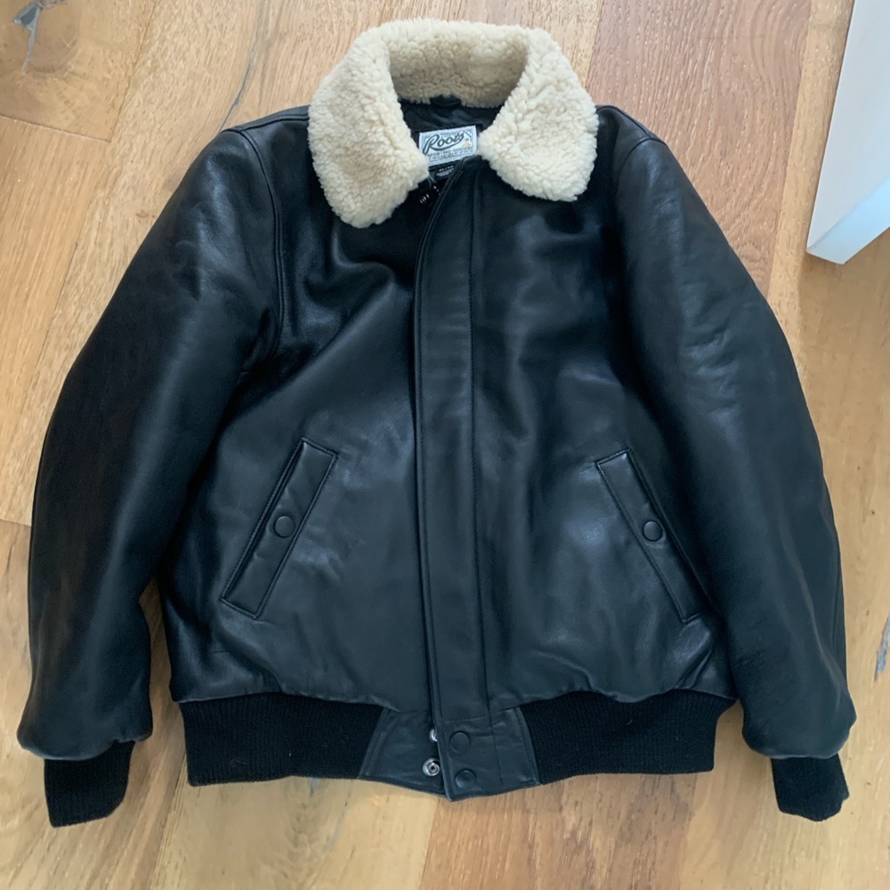 Roots Canada Leather Kids Aviator Jacket with Sherpa Collar XL